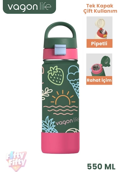 550 Ml Desenli Tek Kapak Çift Kullanım Pipetli Rahat İçim Kulplu Paslanmaz Çelik Termos 1109-550ml Koyu Yeşil