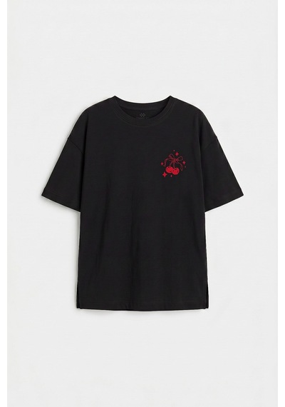 Siyah Oversize Kısa Kollu Baskılı Kız Çocuk T-shirt - 75176