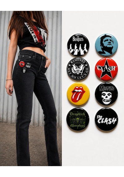 8 Li Set-12 Rock Müzik Temalı Rozet Seti Siyah Kırmızı Sarı Retro Punk Broş Pin Çok Renkli