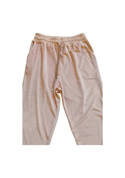 101Dzyn Parlak Kadife Cepli Pantolon Eşofman Pijama Altı Unisex Lastikli Paça Bej 100