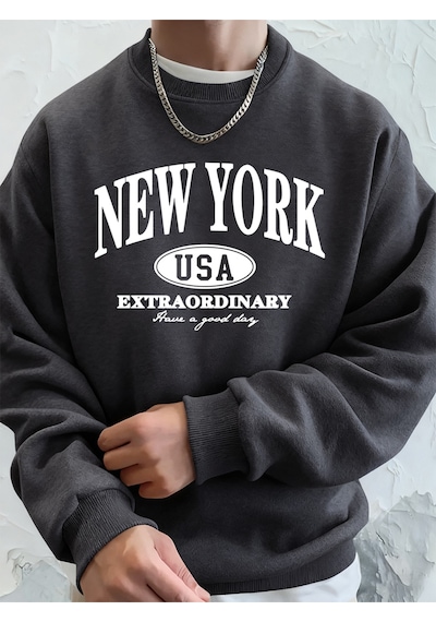 Startmore Startmorenew York Abd Baskılı Erkek Tişörtü Kış Büyük Boy Kapüşonlular Hip Hop Bisiklet Yaka Polar Sıc Antrasit