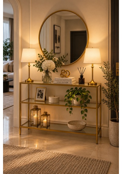 Teknor Şeffaf Camlı Gold Metal Salon Konsol Ünitesi 100cm