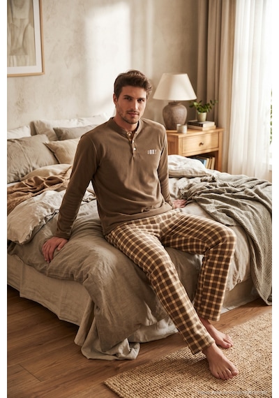 Buratti Kareli Düğmeli Hakim Yaka Yumuşak Dokulu Polar Pijama Takımı Erkek Pijama Takımı 6097023 Camel