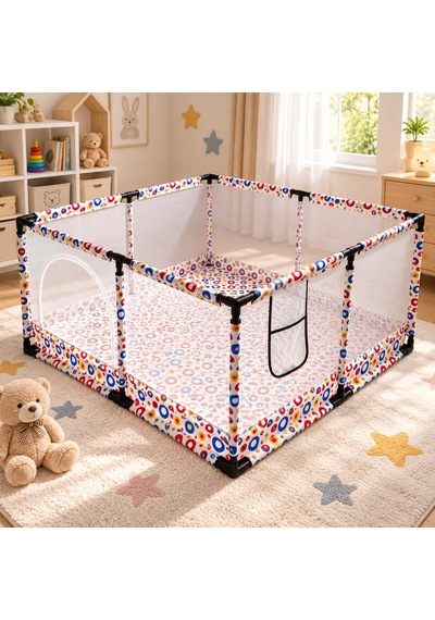 Missidea Çok Renkli Bebek Ve Çocuk Oyun Parkı 120x120 Cm Oyun Matı Ve 56 Parça Yapboz Blok Hediyeli
