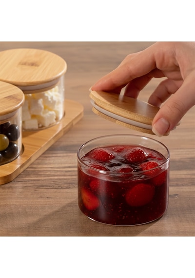 Porsima Hf009006 Yuvarlak 4lü Hava Geçirmez Bambu Standlı Cam Kahvaltılık Seti Bambu Kapaklı Saklama Kabı 250ml Şeffaf