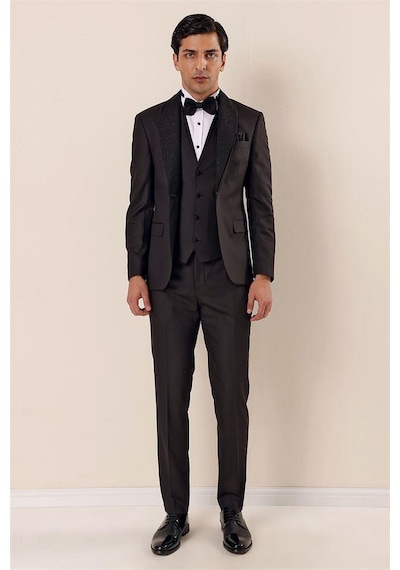İmza Siyah Desenli Çıkarılabilir Şal Yaka Yelekli 6 Drop Slim Fit Smokin Damatlık Takım 1001230203-Siyah İmza Siyah Desenli Çıkarılabilir Şal Yaka Yelekli 6 Drop Slim Fit Smokin Damatlık Takım 1001230203-Siyah
