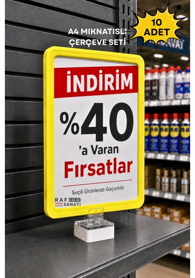 10 Adet - A4 Güçlü Mıknatıs Tutuculu Fiyatlık Etiketlik Dikey Yatay Ve Bilgilendirme Çerçevesi Sarı