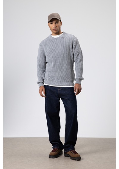 Vamos Bisiklet Yaka Oversize Triko Kazak V60-10 Gri Melanj