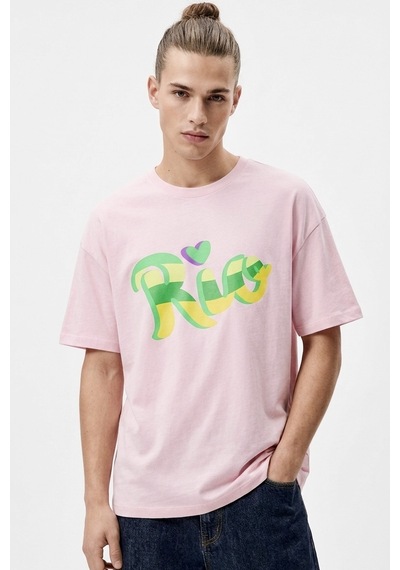 Hoxie Erkek Pembe Rio Baskılı Oversize Bisiklet Yaka Tişört Açık Pembe