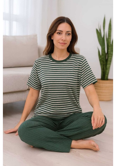 Tenra Kadın Pijama Takımı Kısa Kollu %100 Pamuk Yeşil Çizgili Yeşil