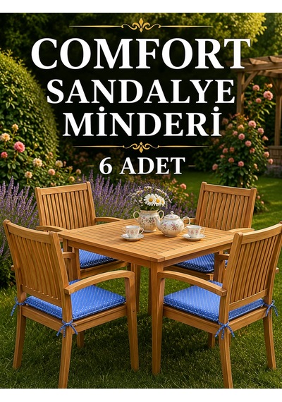 Comfort 6 Adet Sandalye Minderi Bağcıklı Özel Dikişli Süngerli Pamuklu Kumaş Sandalye Minderi Puanlı Mavi