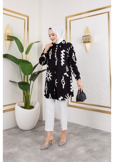 Hira Life Fashion Kadın Tesettür Giyim Ve Spor Giyime Uygun Düğme Detaylı Şık Desenli Dokuma Viskon Gömlek-tunik Siyah Siyah Hira Life Fashion Kadın Tesettür Giyim Ve Spor Giyime Uygun Düğme Detaylı Şık Desenli Dokuma Viskon Gömlek-tunik Siyah Siyah