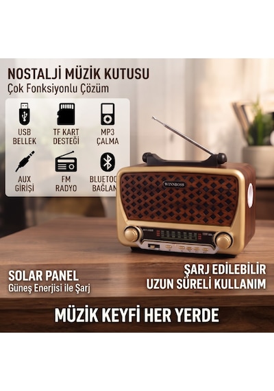 Büro Ev Ofis si İçin Solar Şarjlı Led Fenerli Aux Bt Nostalji Müzik Kutusu