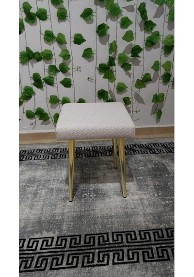 Özcan Metal Gold Metal Ayak Teddy Kumaş Dekoratif Çok Amaçlı Peluş Puf Tabure Bench Koltuk Sandalye Bej