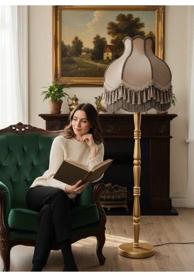 Vizon Kadife Başlık Gold Ahşap Ayaklı Lambader Vintage Model 170x50cm