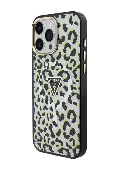Apple Uyumlu iPhone 16 Pro Max Kılıf Guess Lisanslı M-safeli Üçgen Logolu Simli Leopar Desenli Kapak Siyah