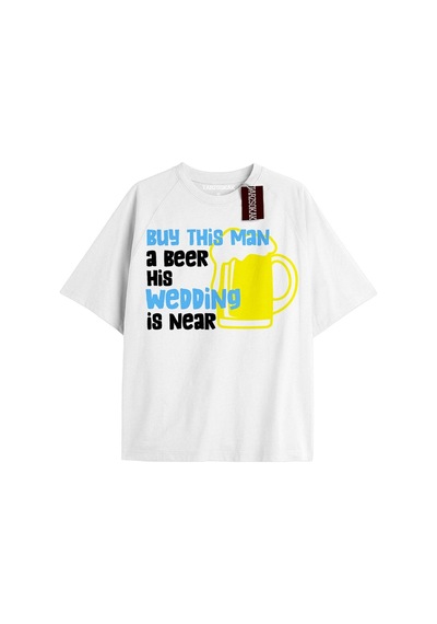 Startmore Buyt His Beer Unisex Oversize Yazılı Tshirt Beyaz Beyaz