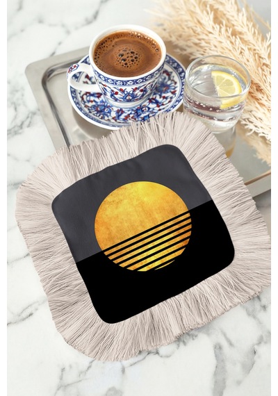 Lüks Güneş Siluetli Saçaklı Sunum Peçetesi - Minimalist Modern Gece Siyah Bardak Altlığı Mendil Soft Kumlu Nar