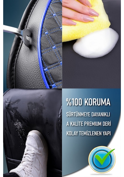 Kia Stonic Lüx Deri Oto Koltuk Kılıfı Ön Arka Takım Safir Serisi Siyah Mavi