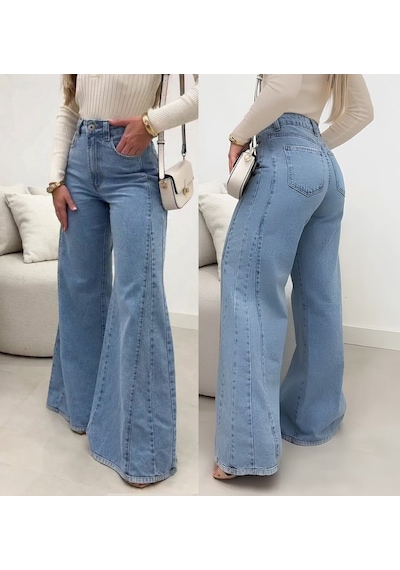 Hazego Kadın Yüksek Bel Paçaya Doğru Geniş Kesimli Kot Pantolon Mavi