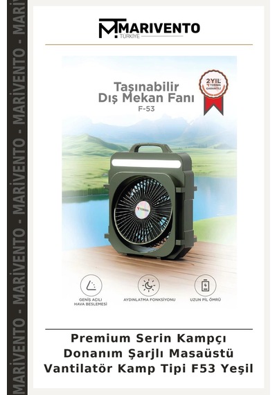 Premium Serin Kampçı Donanım Şarjlı Masaüstü Vantilatör Kamp Tipi F53 Yeşil