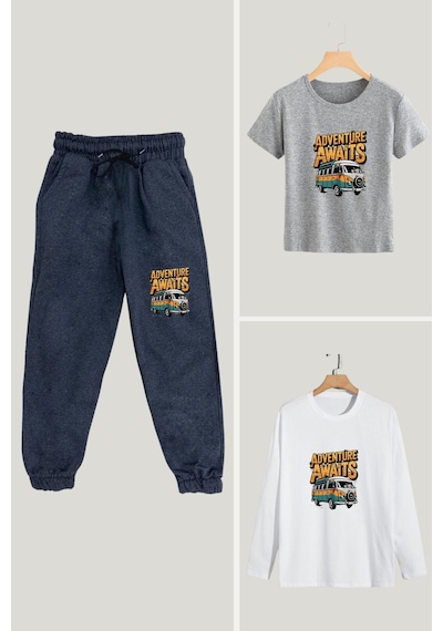 Fyk Kids Erkek Çocuk Mevsimlik 3'lü Set Advanture Yazı Baskılı Alt-üst Takım Çok Renkli