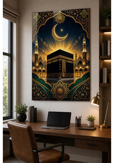 Kabe Ve Hilal Desenli Baskılı Cam Tablo Uv Baskı Dini Dekoratif Duvar Tablosu