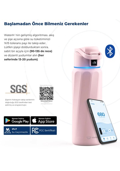 Waterh Boost Akıllı Termos Hidrasyon Takibi Yapan, Yalıtımlı 0,71l / 24oz Akıllı Şişe Açık Pembe