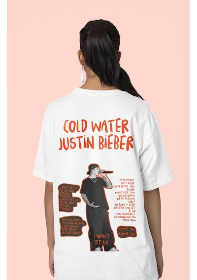 Sevbano Cold Water Justin Bieber Sırt Baskılı Unisex Oversize Şarkıcı Tiş Beyaz