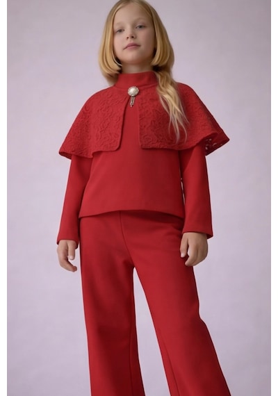 Fesshera Kids Kız Çocuk Takım Pelerinli Broş Kapama Detaylı Pamuklu 3 Parça Set Kırmızı