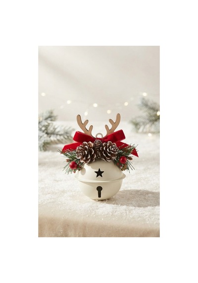 Dökme Demir Zilli,kırmızı Kadife Kurdela, Kahve Boynuz Ve Kozalak Detaylı Dekoratif Yılbaşı Süsü Diğer