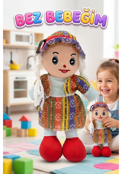 Yöresel Oyun Arkadaşım Büyük 45cm Yöresel Elbiseli Ve Şapkalı El Yapımı Oyuncak Bez Bebek Kırmızı