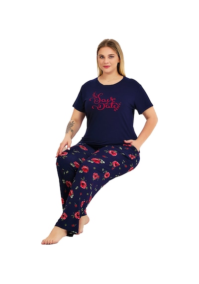 Lady Lacivert Renk Ve Desenli 11025 Kısa Kollu Kadın Büyük Beden Anne Pijama Takımı Lacivert - Kırmızı