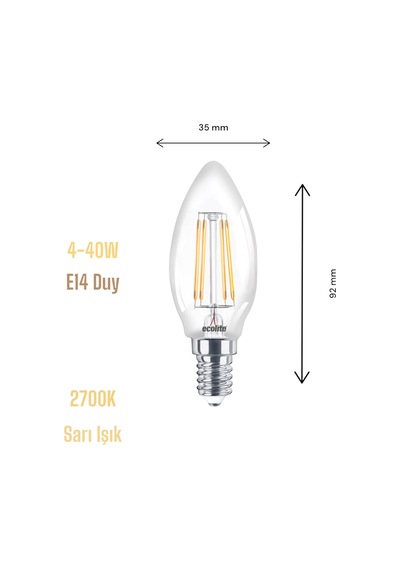 Ecolite 4w Led Filament Mum Ampul, E14 Duy, 2700k Sarı Işık, 470 Lümen, Şeffaf Cam, Akkor Görün Standart