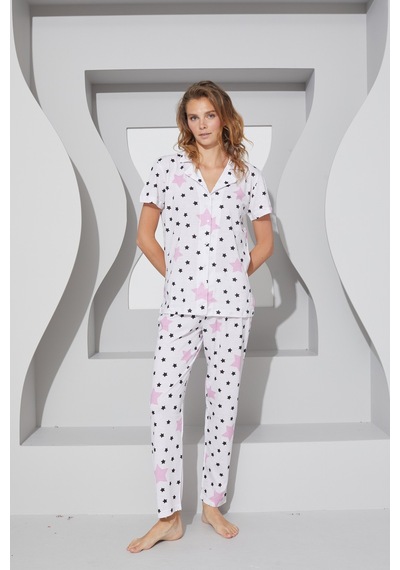 Siyah İnci Örme Düğmeli Pijama Takım 7755 Beyaz Renkli Yıldız