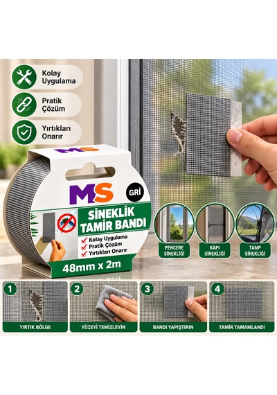 Yapışkanlı Gri Sineklik Tamir Bandı 48 Mm X 2 Metre Yaması Tülü Bantı Delik Onarımı Tül Yapıştırma 48 x 48