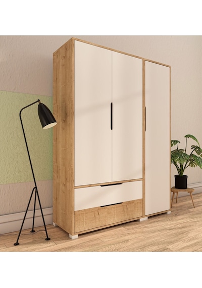 Flora 3 Kapaklı 2 Çekmeceli Gardırop Safir Meşe - Beyaz Elbise Dolabı