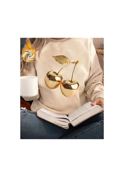 Herkesemoda Gold Kiraz Baskı Detaylı Bisiklet Yaka Sweatshirt Bej
