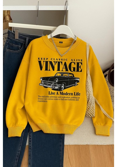 Vıntage Baskılı Unisex Sweatshırt Sari