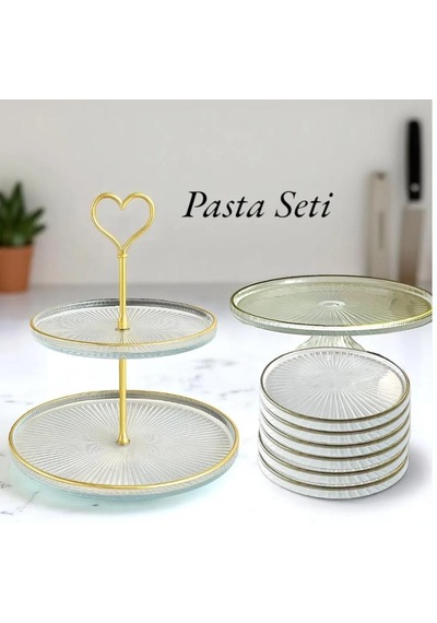 8 Parça Gold Yaldızlı Cam Servis Sunum Seti Takımı Çay Seti Altın - Şeffaf