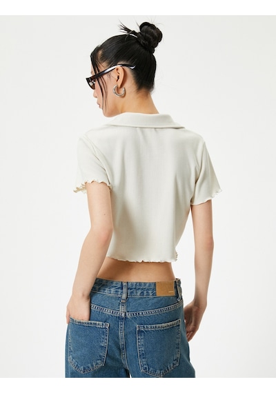Koton Crop Polo Tişört Kısa Kollu Slim Fit Ekru 4sal10802ık Ekru