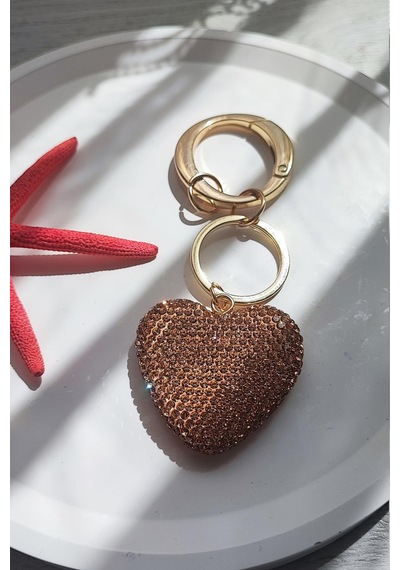 Zirkon Taşlı Pastel Nude-gold Renk Kalp Model Çanta Aksesuarı Ve Anahtarlık