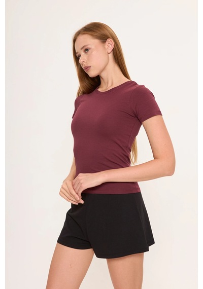 Zoor Ultra Soft Penye Modal Yuvarlak Yaka Kısa Kollu Bluz Bordo