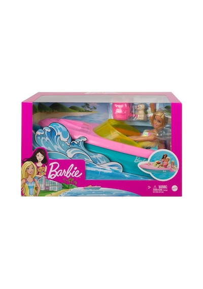 Barbie Bebek Ve Teknesi. Köpek Ve Aksesuarlar Ile Suda Yüzer Grg3