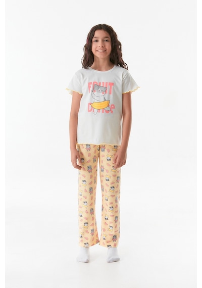 Fullamoda Kedi Baskılı Bisiklet Yaka Kız Çocuk Pijama Takımı 24mıcg631212273-beyaz 24MICG631212273-Beyaz