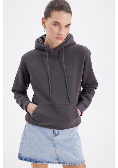 Tudors Kadın Relax Fit Rahat Kesim Pamuklu Kapüşonlu Kanguru Cepli Füme Sweatshirt-39938 Füme