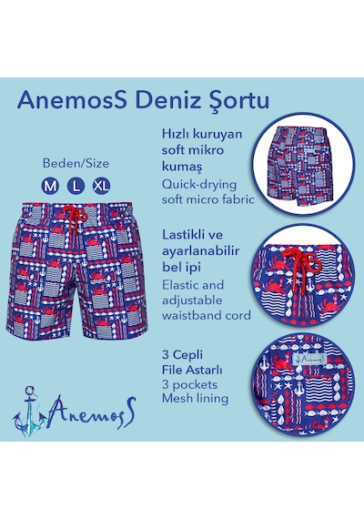 Anemoss Yengeç Üç Cepli İçi Fileli Bel Lastik Ve Bağlama İpli Erkek Deniz Şortu Çok Renkli