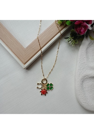 Lente Aksesuar Yonca, Uğurböceği, Nal Figürlü Çelik 14k Altın Rengi Charm Şans Kadın Kolye Gold