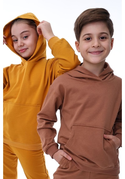 Zuzunga Basic Kapüşonlu Şardonlu Kanguru Cep Detaylı Çocuk Sweatshirt 3-10 Yaş Kahverengi
