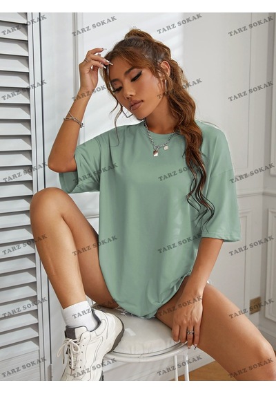 Flood Of Style Unisex Bay Slogan Grafikli Düşük Omuzlu Tişört Kod-1400 Nane Yeşili